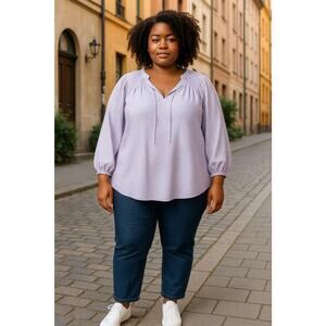 Simply Vera Wang Purple Smocked‎ Tie Neck Peasant Top Women's Size XL